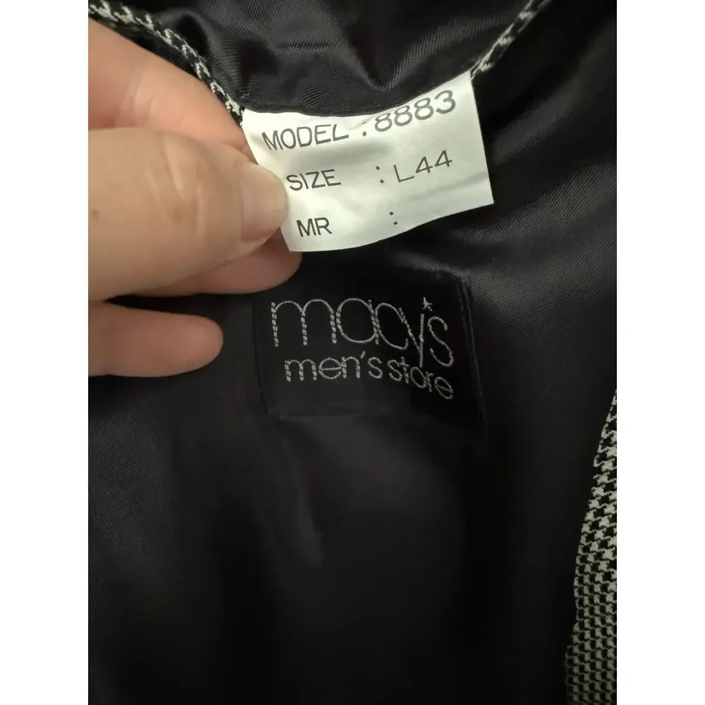 Vintage Macy’s Men’s Wool Blazer Jacket – Black & White Houndstooth – Size 44L